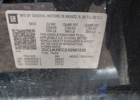 2018 Chevrolet Silverado 1500 2Lt из США, поврежденный, VIN 3GCUKREC2JG567228